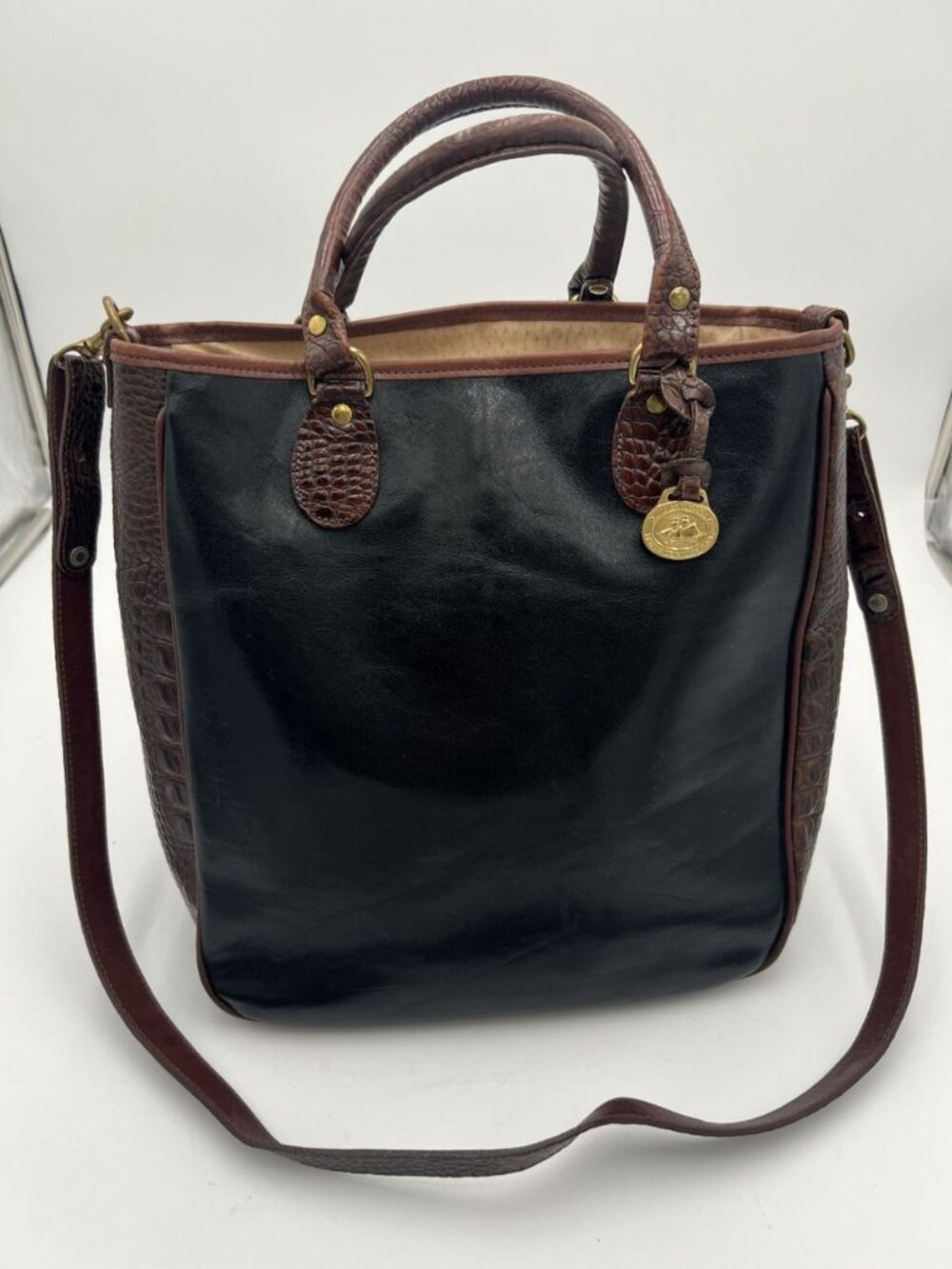 Brahmin Leather Tote Bag Black Brown Croc Embossed Crossbody Bucket Purse READ